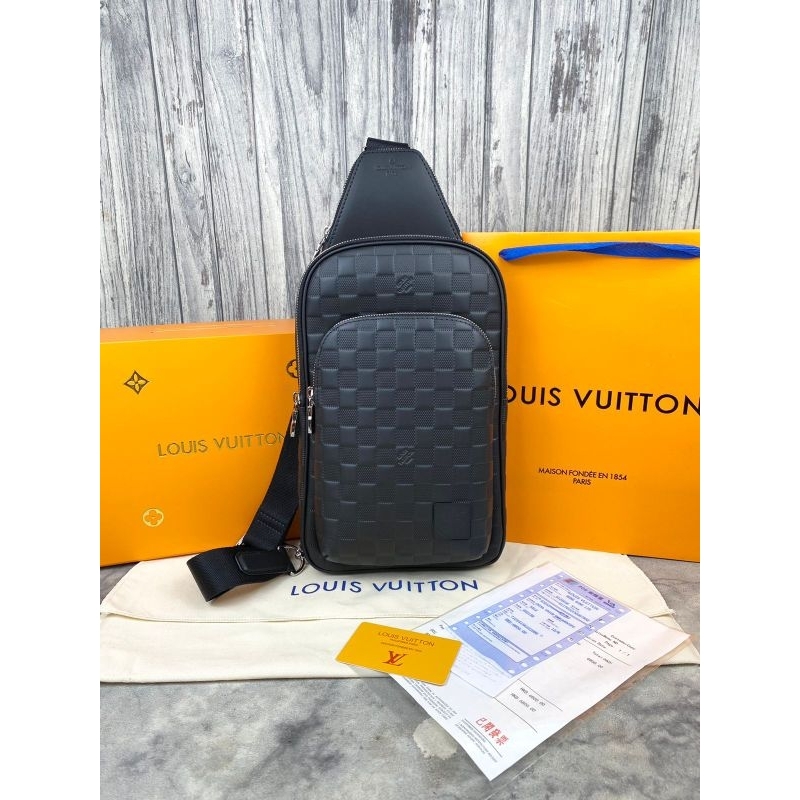 TAS BODYBAG LV DAMIER EMBOS HITAM KULIT IMPORT MIRROR VIP