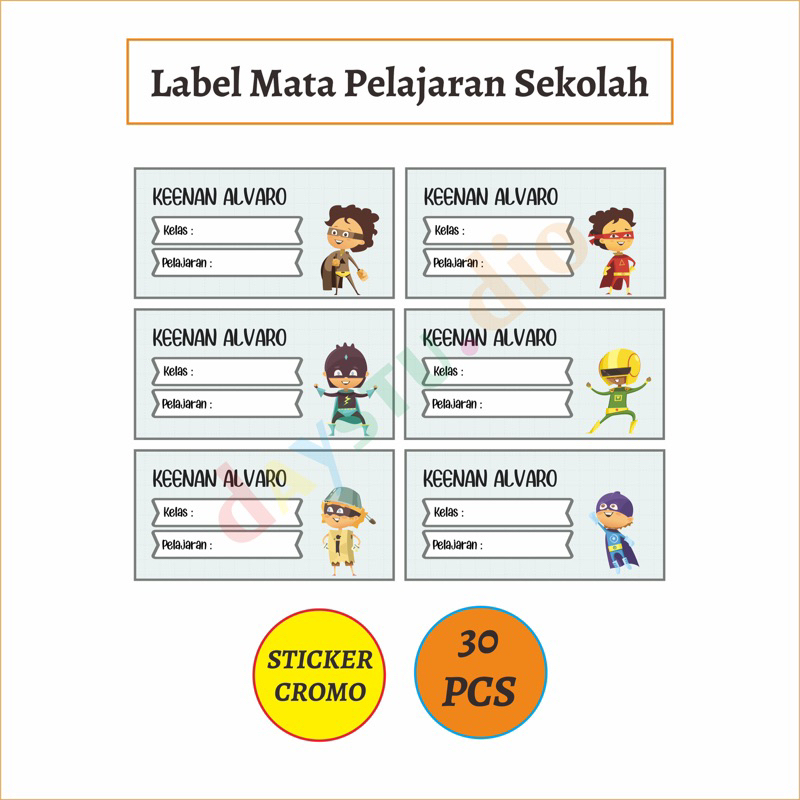 

30 PCS STIKER LABEL MATA PELAJARAN SEKOLAH TEMA SUPER HERO