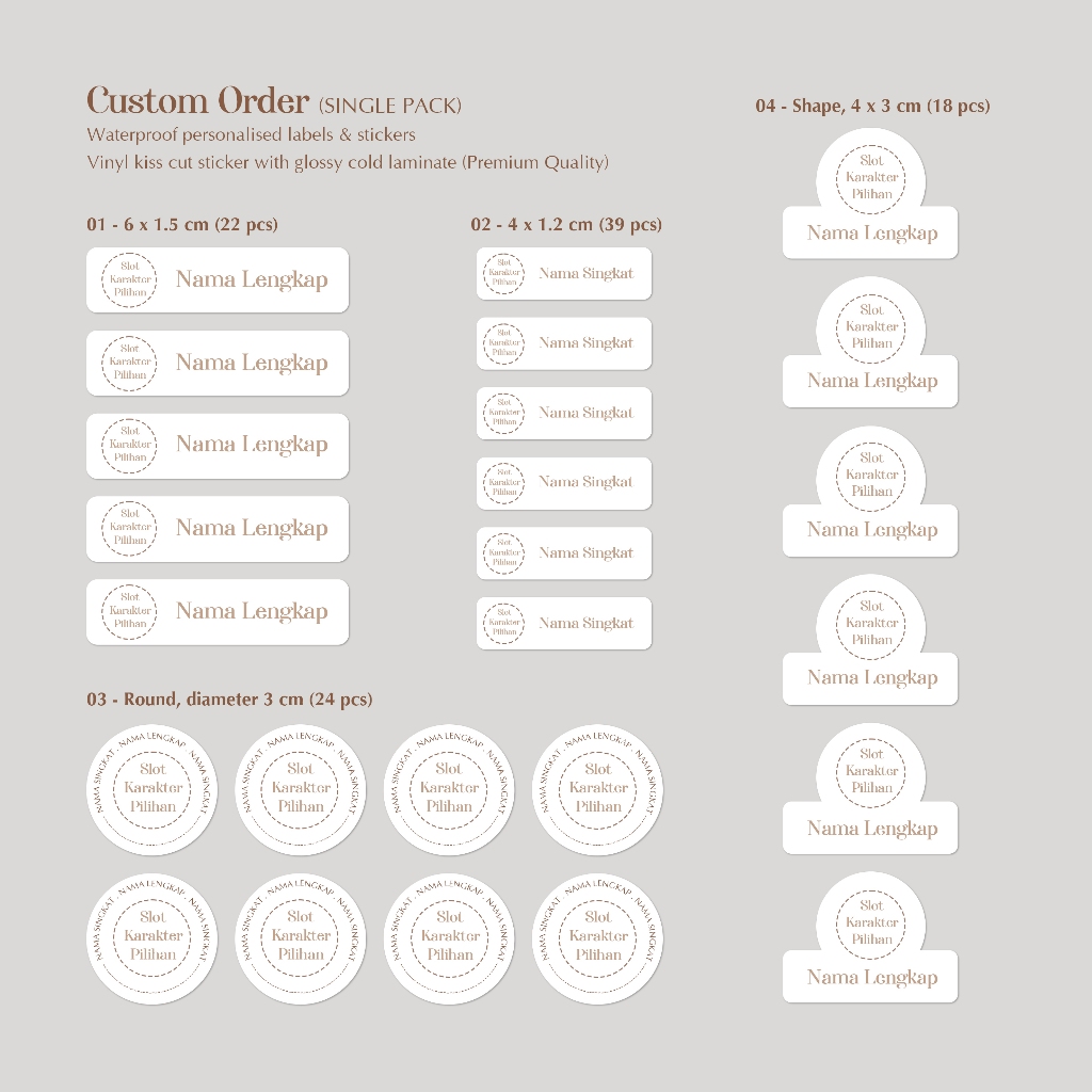 

CUSTOM ORDER / STICKER NAMA SINGLE PACK (4 Bentuk , 4 Ukuran) / Sticker Vinyl Waterproof (Tahan Air & Anti Sobek) / Label Sekolah / Label Nama Anak