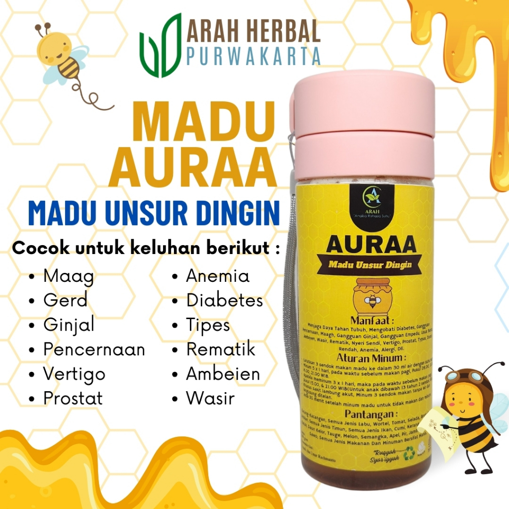 

Madu AURAA / Madu ARAH - Madu Unsur Dingin untuk keluhan Maag, Gerd, Vertigo, Pencernaan dan Ginjal