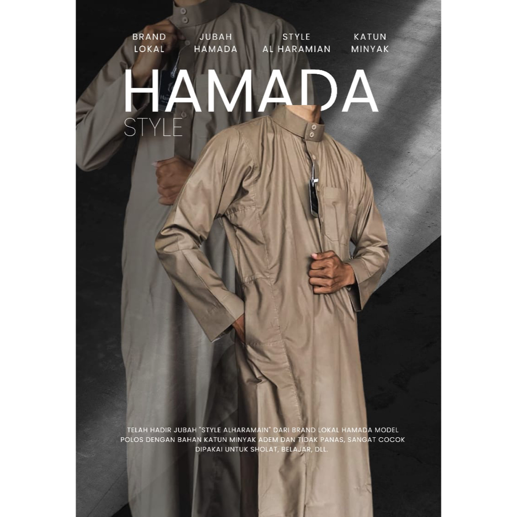 JUBAH GAMIS PRIA DEWASA MERK HAMADA BAHAN KATUN MINYAK LOKAL STYLE AL HARAMAIN LOKAL