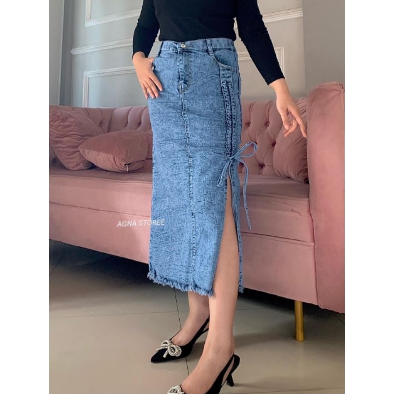 Rok Midi Jeans Serut Belah Samping Korean Style Rok Jeans Steacth Casual Rawis Kekinian