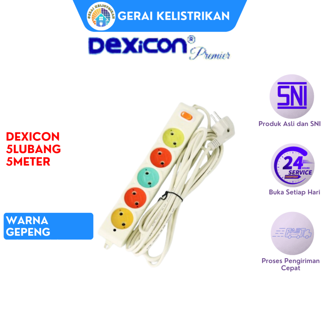 DEXICON 5LB 5M WARNA GEPENG - STOP KONTAK 5LUBANG+KABEL 5METER