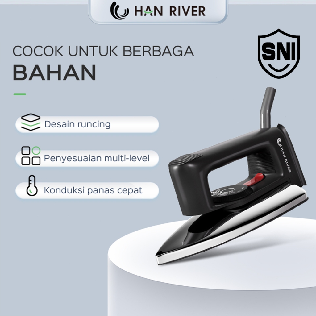 HAN RIVER Setrika HRYD02 Setrika kering bebas uap   Setrika listrik  rumah tangga-HITAM (300 w)