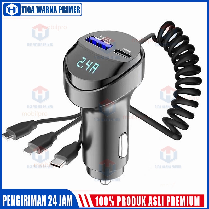 3.1A LED Digital Display Car Charger With 3 in 1 Cable Dual port USB +type-c port Phone Charger