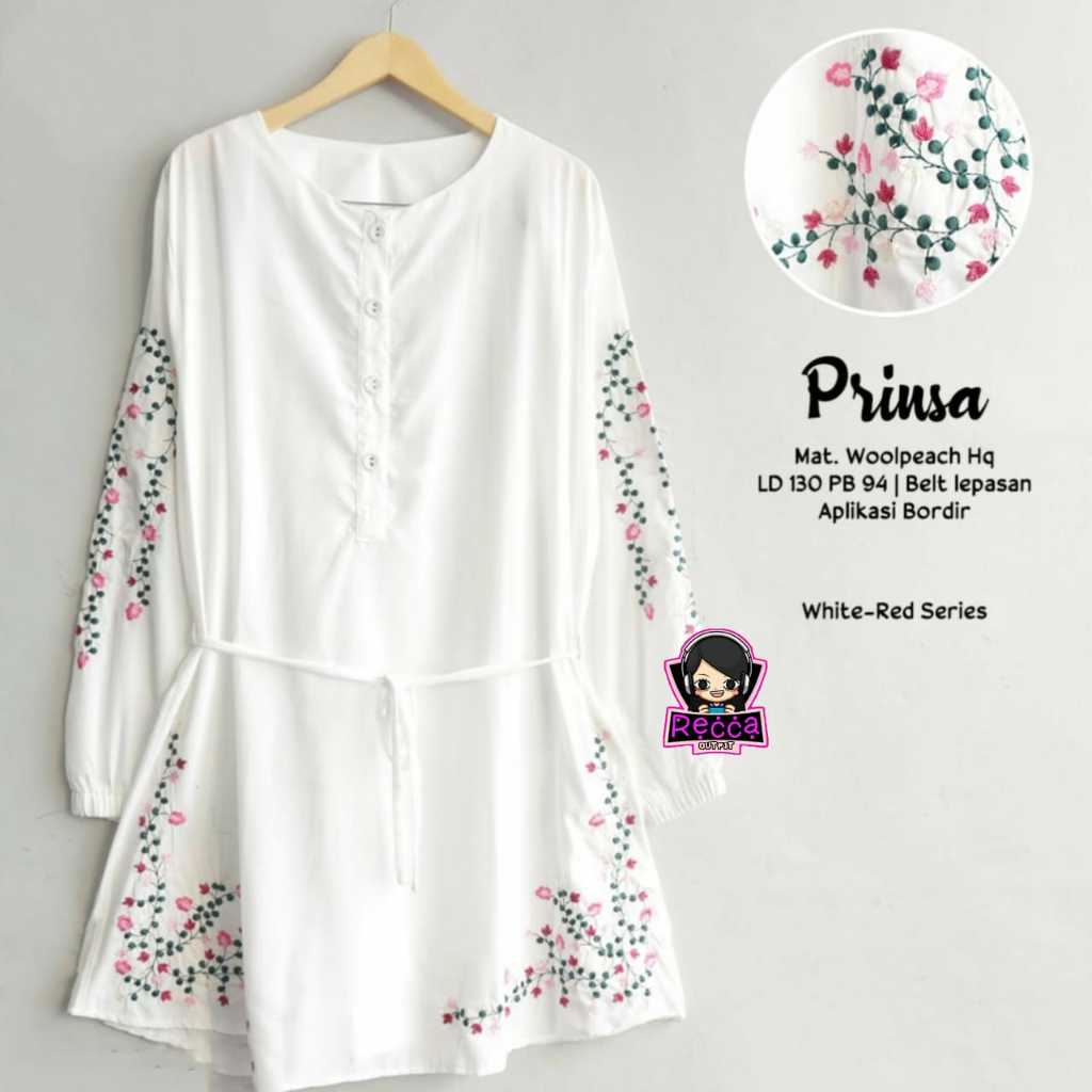 Baju Atasan Tunik Wanita Putih Bordir Bunga LD 130 Prinsa Jumbo Bigsize Bahan Wolpeach Recca