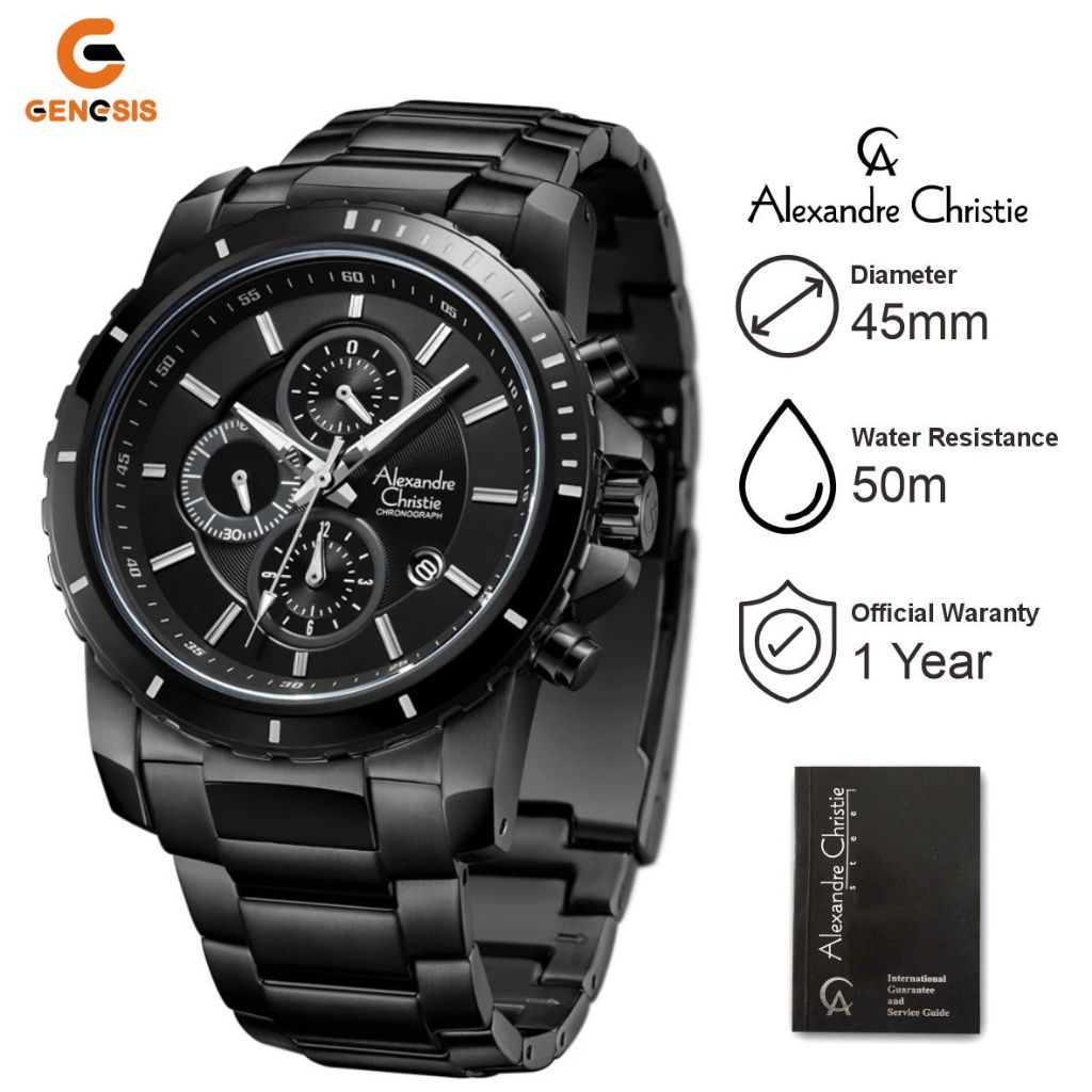 11.11 Jam Tangan Pria Alexandre Christie Chronograph AC 6141 MC BIPBA Men Black Dial Black Stainless