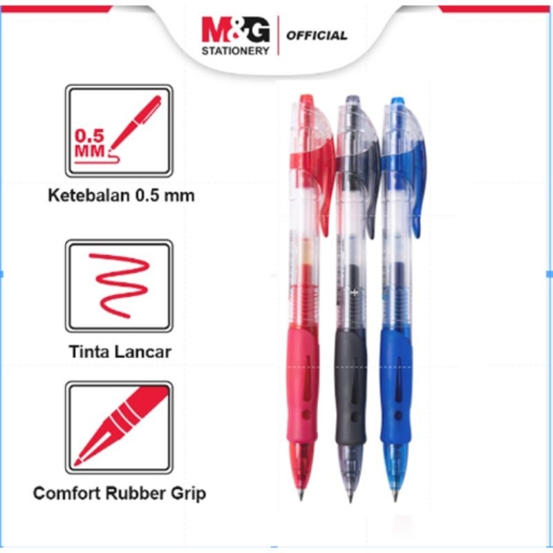 

M&G Retractable Gel Pen Black Blue Red 0.5mm Comfort rubber grip 1 pcs