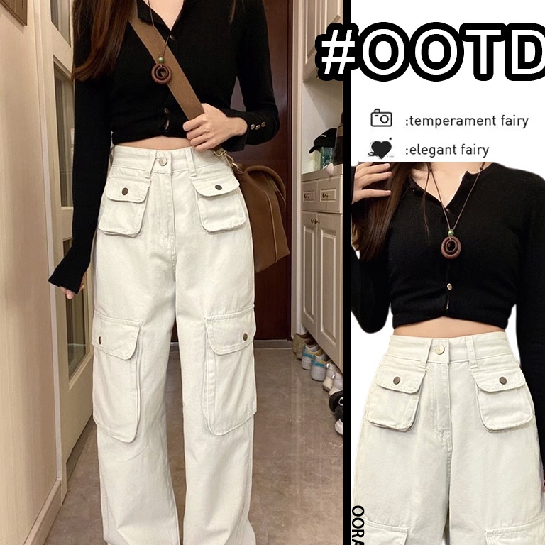 OORA Celana Cargo Pants Wanita Highwaist Loose Korean Style American retro white overalls straight l