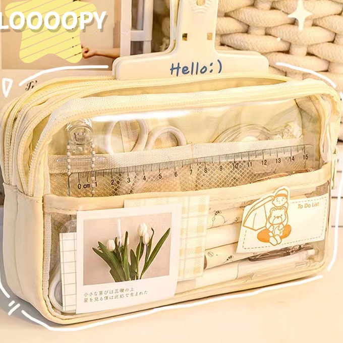 

KI3 LOOOOPY Kotak Pensil Transparan Aesthetic Pencil Case Large Tempat Pensil Pen Pouch Lucu Stationery Organizer
