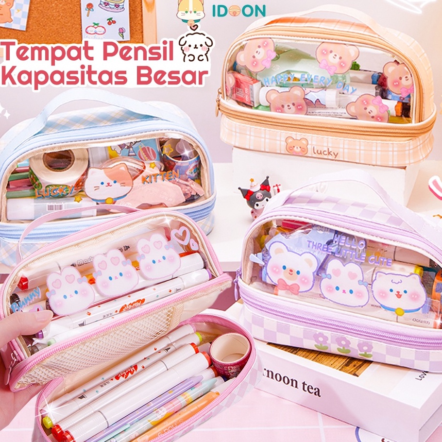

KI3 IDOON Pencil Case Transparan Korea Tempat Pensil Dua Lapis Kotak Pensil Tempat Pola Hewan Lucu