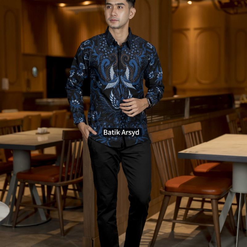 GURDO BIRU Kemeja Batik Pria Solo Motif Terbaru Lengan Panjang Bahan Katun Lapis Furing Adem Nyaman