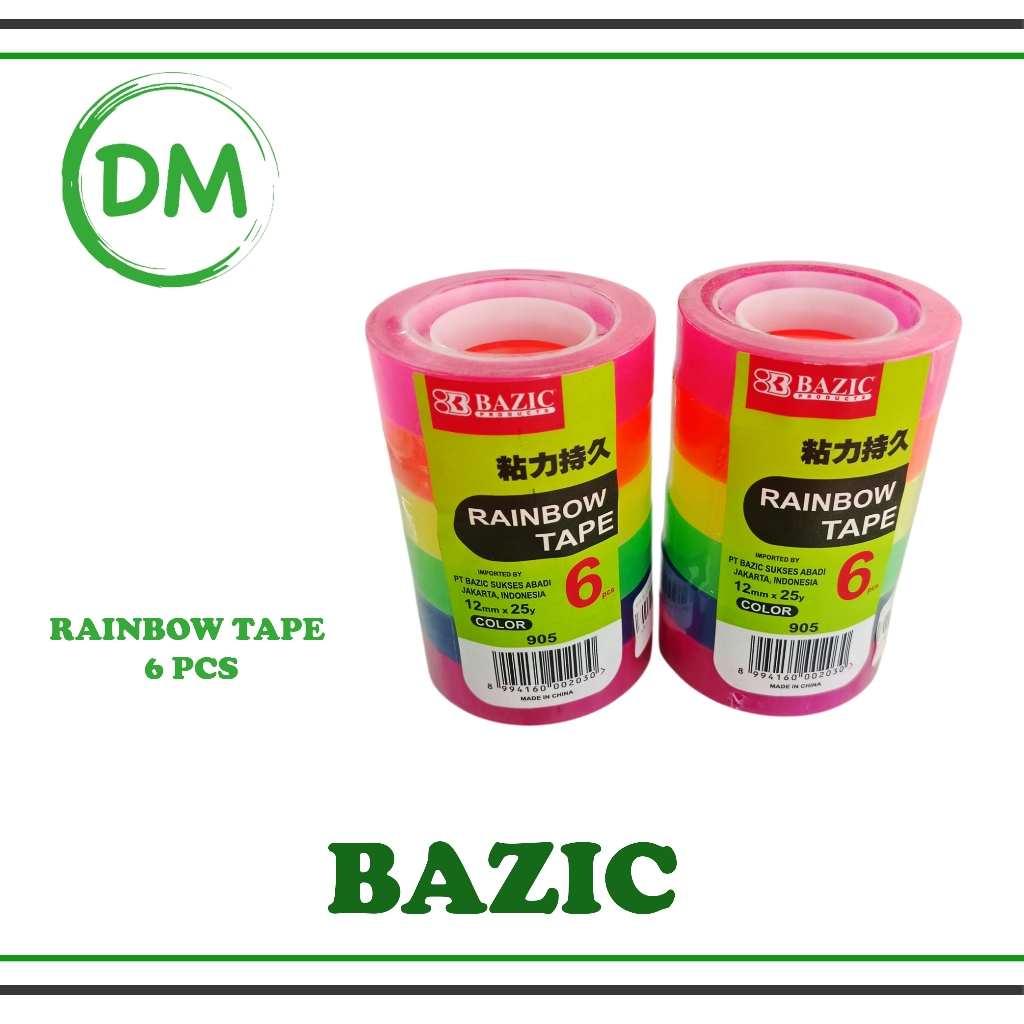 

BAZIC RAINBOW TAPE DEKORASI TAPE / Lakban Solatip Diary Scrapbooking DIY polos 12mm 6 warna