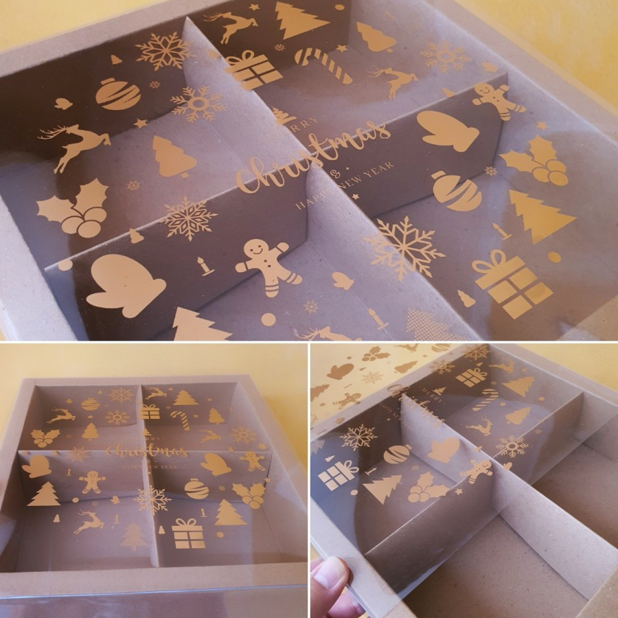

1 Pack Isi 5 Pcs Dus Parcel Natal Mika Sekat 4 Coklat Box Motif Christmas Ukuran 8x8x4.5 cm