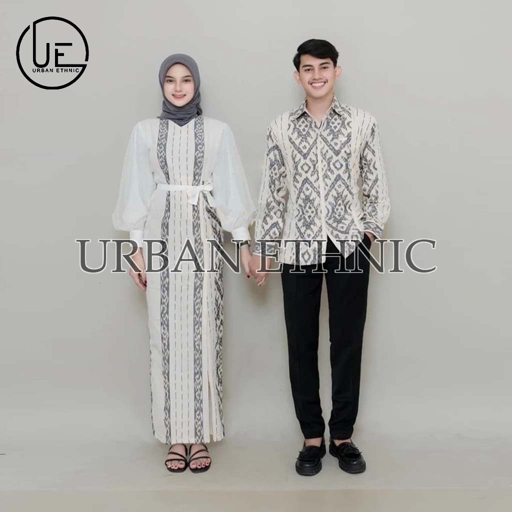 Set couple najwa white tenun, dress kondangan ethnic, couple baju kondangan, couple prewed, kemeja p