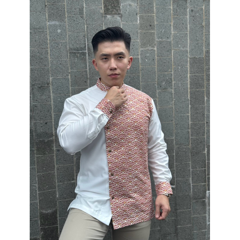 Batik Koko Brijaya, Batik Kombinasi Koko Pria Premium, Kerah Koko Lengan Panjang, Batik Koko Slimfit