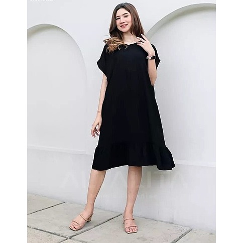 NEW MIDI DRESS REMPEL POLOS LENGAN PENDEK FASHIONABLE TERLARIS MURAH COD