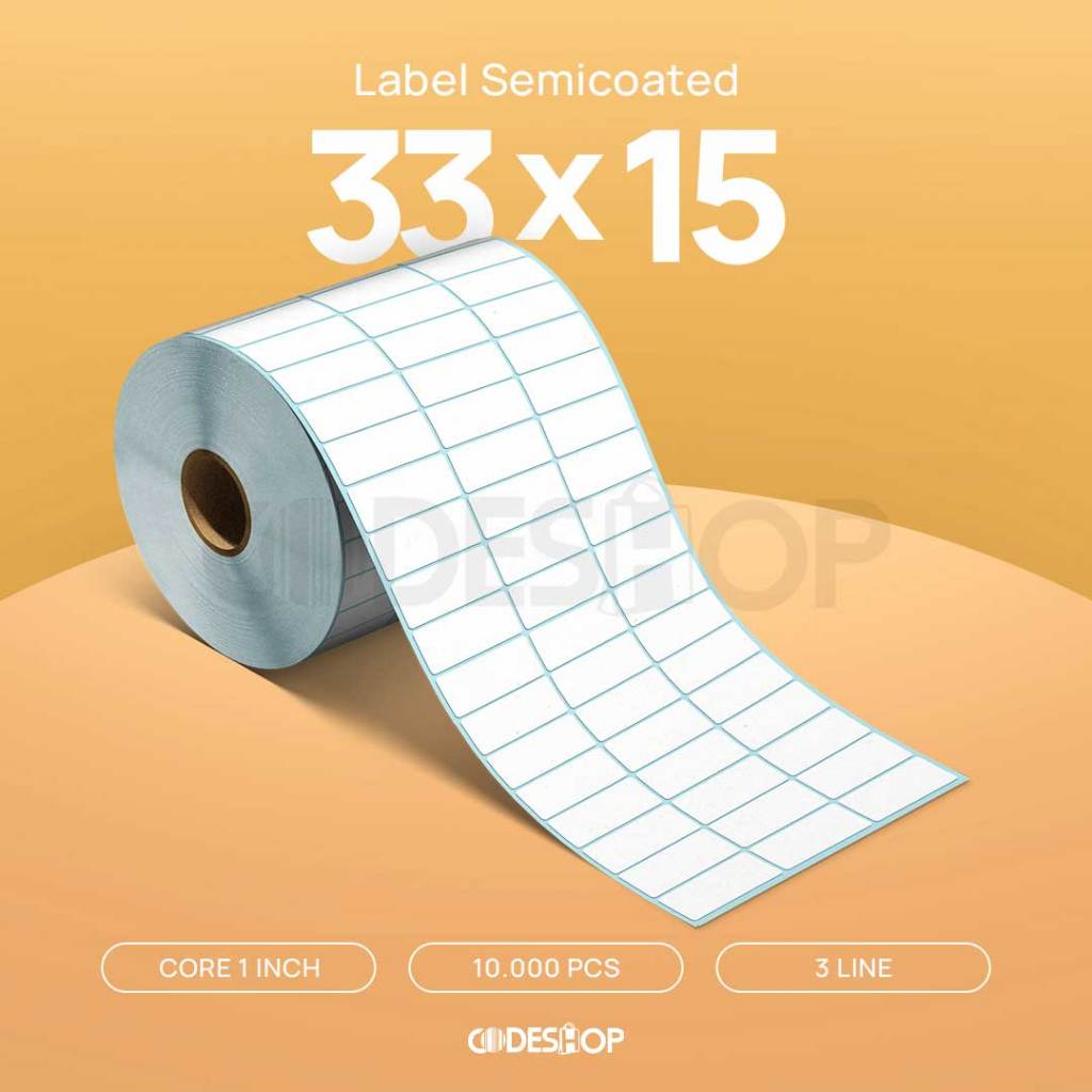 

Label Stiker Semicoated 33x15 mm Codeshop 3 Line isi 10000 Pcs Semicoat Print Barcode Barang