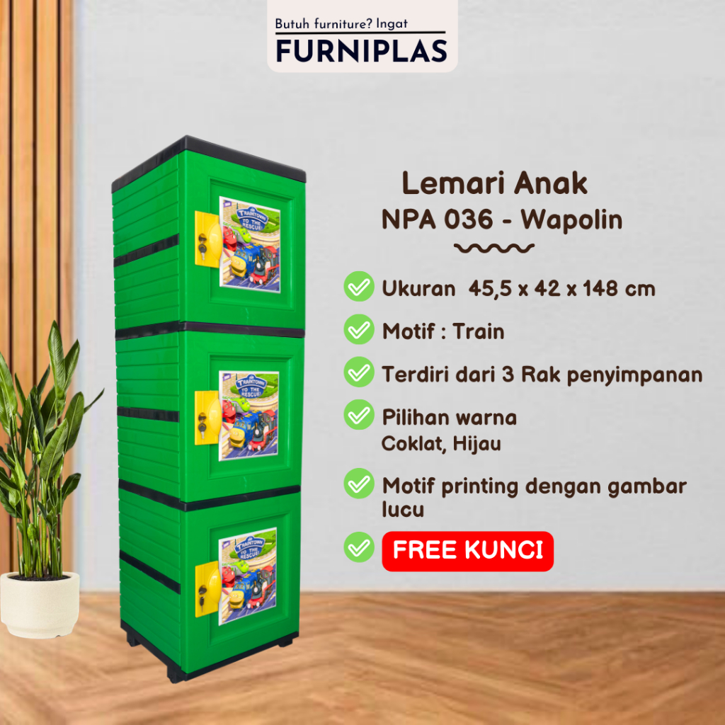 Furniplas WAPOLIN Lemari Plastik Pakaian Baju Susun 3 Motif Premium Plastic Warna Biru Coklat Ukuran