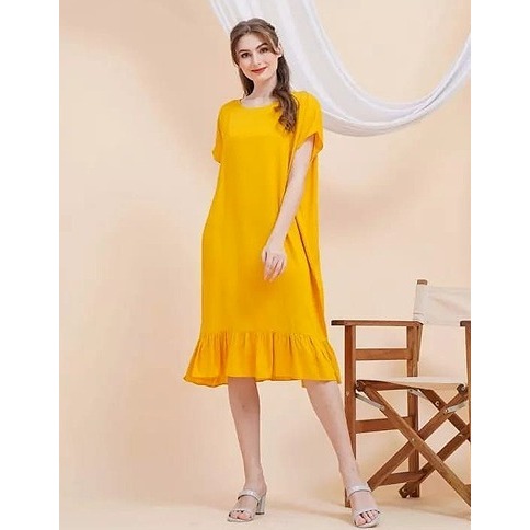 PAKAIAN WANITA DRESS MIDI REMPEL POLOS BAHAN HYGT LENGAN PENDEK