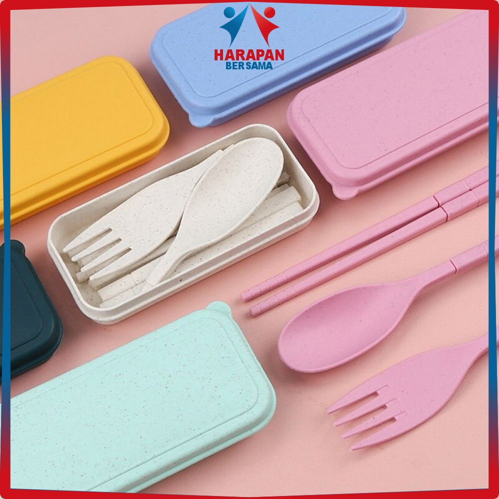 Alat Makan Sendok Garpu Sumpit Lipat 3IN1 Bahan Jerami Gandum / Sendok Korea Travel Cutlery Set Port