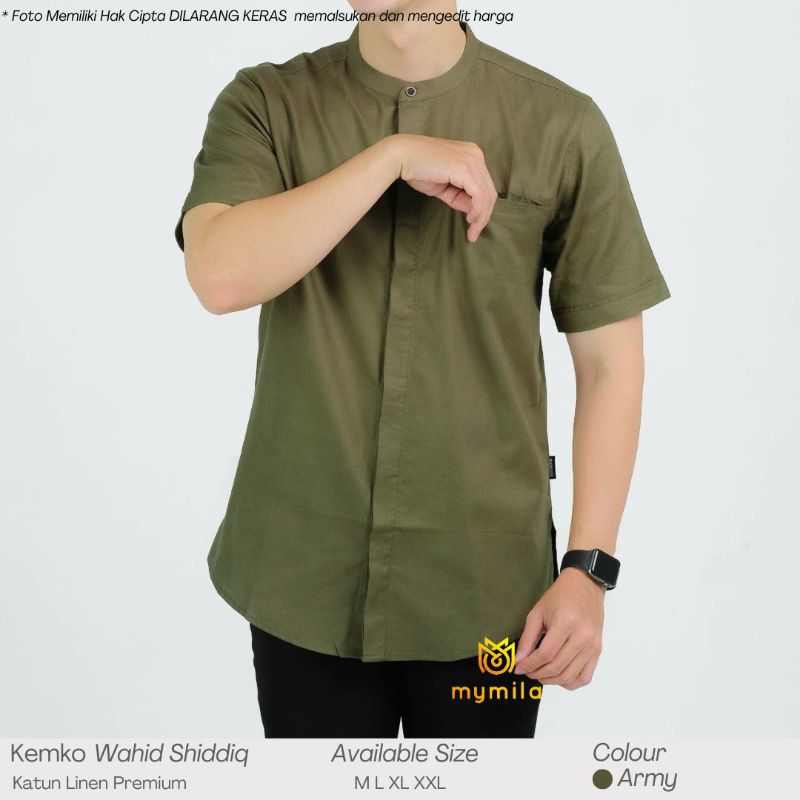Baju Koko Kurta Pria Lengan Pendek Warna Olive Bahan Katun Linen Premium Size MLXLXXL Kemko Wahid Sh