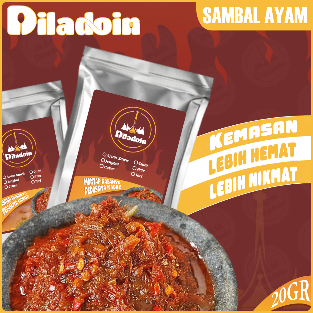 

Sambal Ayam Suir Kemasan Saset Ukuran 20GR / 50GR / 150GR Sambal Saset DILADOIN