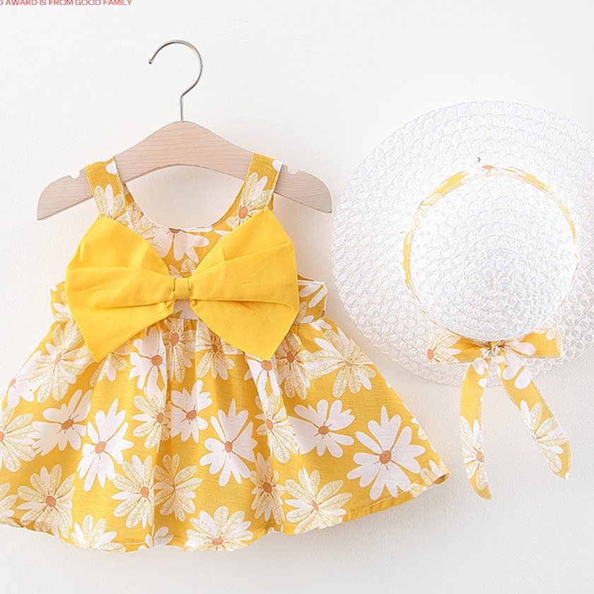 HJ6 DADAWARD 4 Tahun Gaun bayi  topi Set gaun hitam anak perempuan Rok lucu Lengan pendek atasan kec