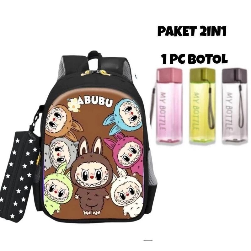 VIRAL Tas labubu Sekolah Anak 2in1 Ransel karakter Boneka Kartun TK SD Tas ransel sekolah Fashion