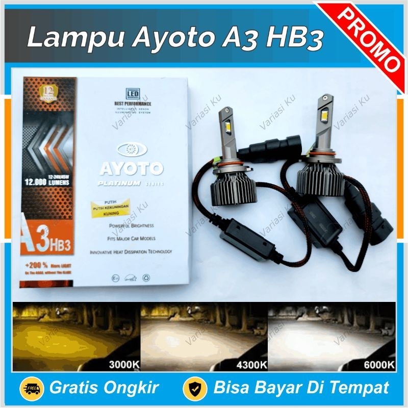 LAMPU KABUT FOGLAMP & HEADLAMP LAMPU UTAMA JAUH AYOTO A3 H11 HB3 9005 HB4 9006 3 WARNA PUTIH KUNING 