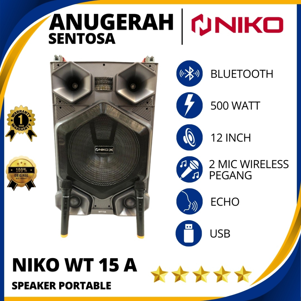 Speaker Aktif Portable Wireless Bluetooth Niko WT 15 A ukuran 15 inch Original