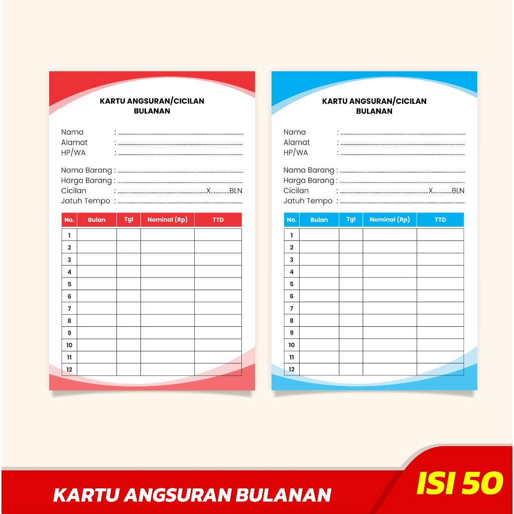 

(ISI 50 PCS) Kartu Angsuran Bulanan / Kartu Cicilan Pinjaman / Kartu Koperasi Home Credit / Promise