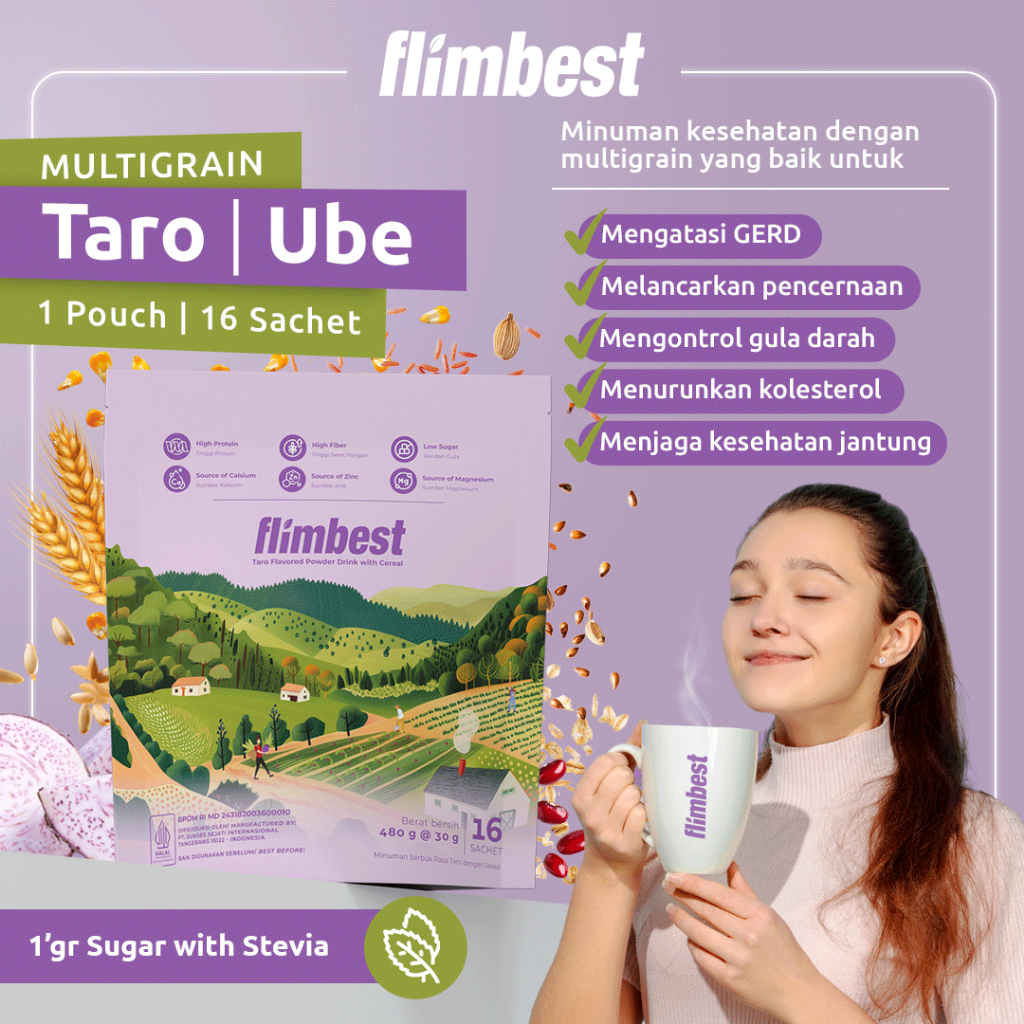 

Flimbest Multigrain With Purple Potato / Ubi Ungu 1 Pouch (16 Sachet) Susu Diet Pelangsing Sehat Alami Rasa TaroOat Meal Replacement | Tinggi Protein