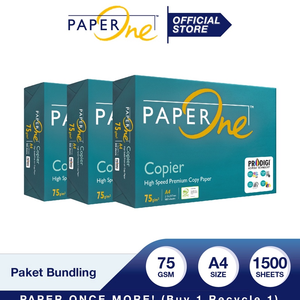 

PaperOne Kertas A4 75gr Copier 3 Rim 15 lembar Kertas HVS