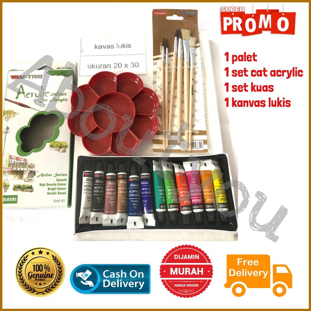 

PAKET LUKIS KOMPLIT 4 in 1 KANVAS Besar Cat Akrilik Palet Kuas Set Melukis Lengkap