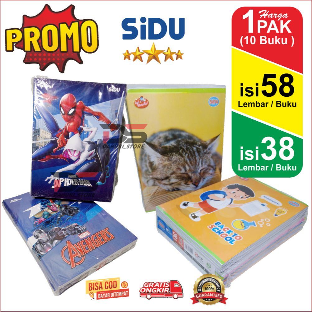 

Buku Tulis Sekolah SIDU Isi 58 Lembar & 38 Lembar HARGA 1 PAK (10 BUKU) BUKU TULIS SINAR DUNIA