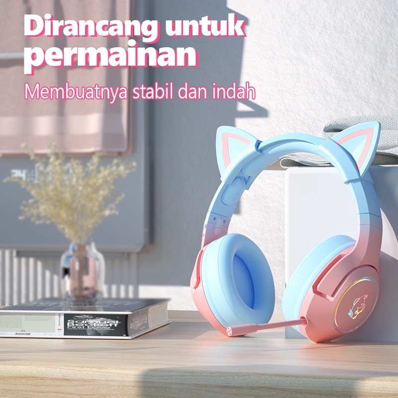 ONIKUMA K9 Kucing Telinga Headphone Headset Gaming Kabel dengan Mikrofon Gadis Lucu Biru Pink Gradie