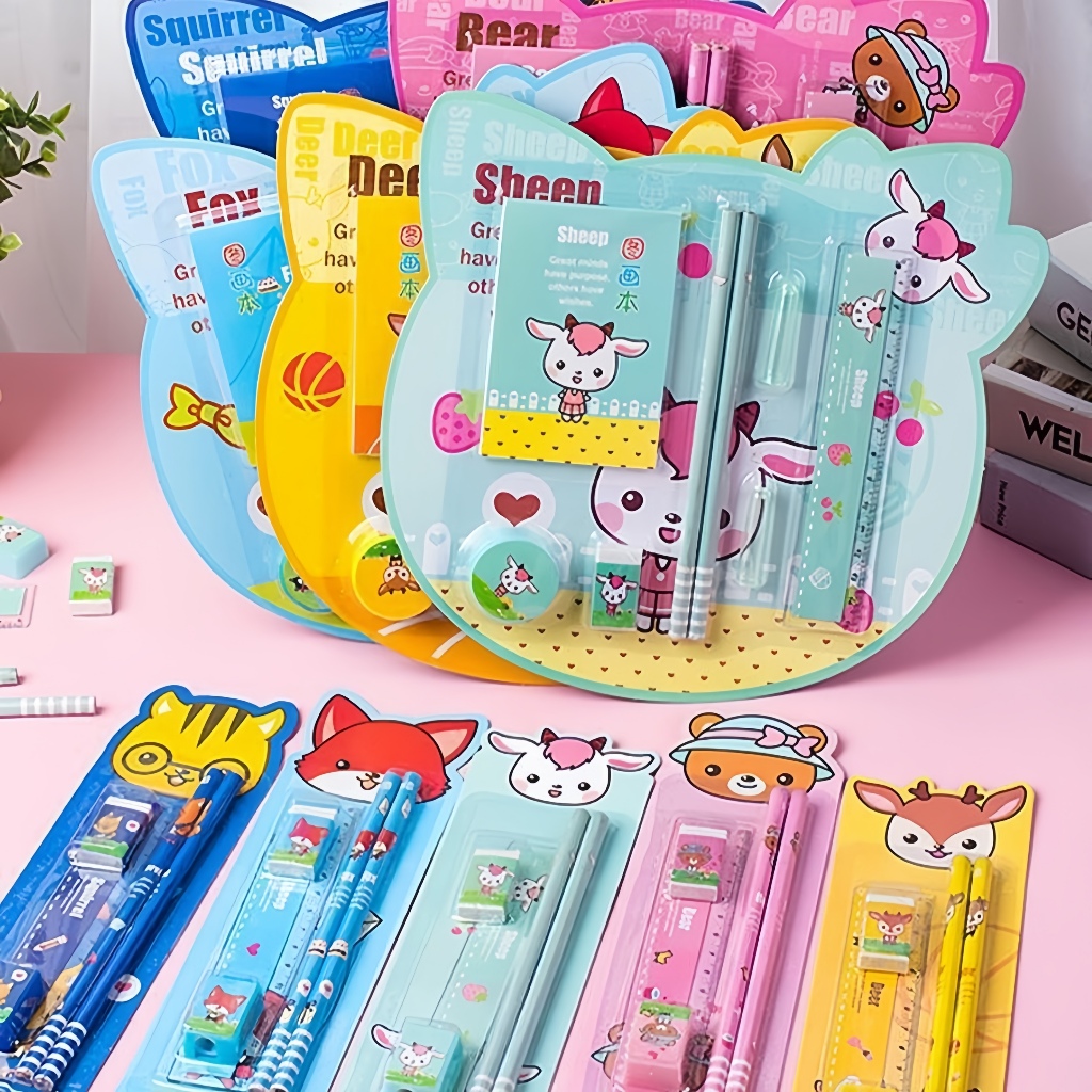 

Set Alat Tulis Lucu 5 in 1/8 in 1 Souvenir Ulang Tahun – Notebook, Pensil, Penggaris, Penghapus, Rautan Gambar Kartun