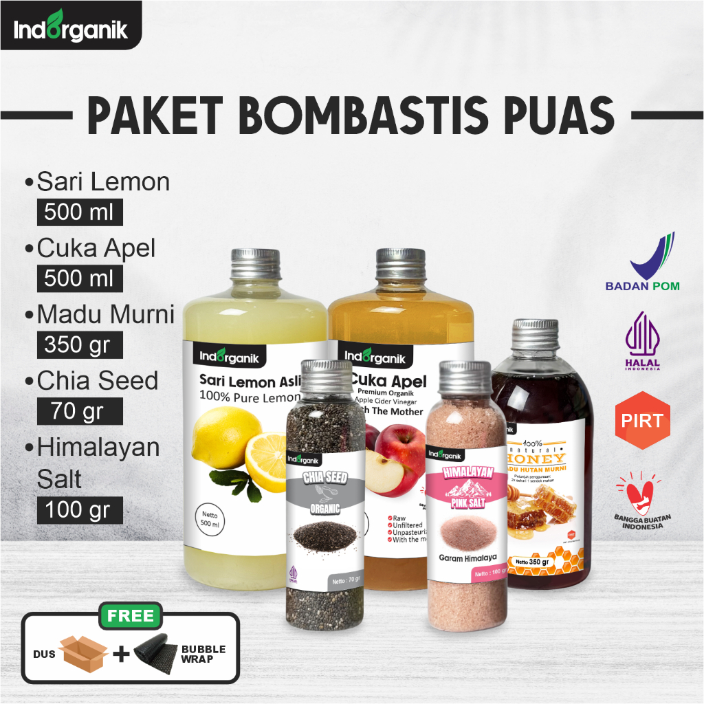 

INDORGANIK - PAKET DIET DETOX 5IN1 JUMBO - CUKA APEL, SARI LEMON, CHIA SEED, MADU HUTAN, HIMSALT