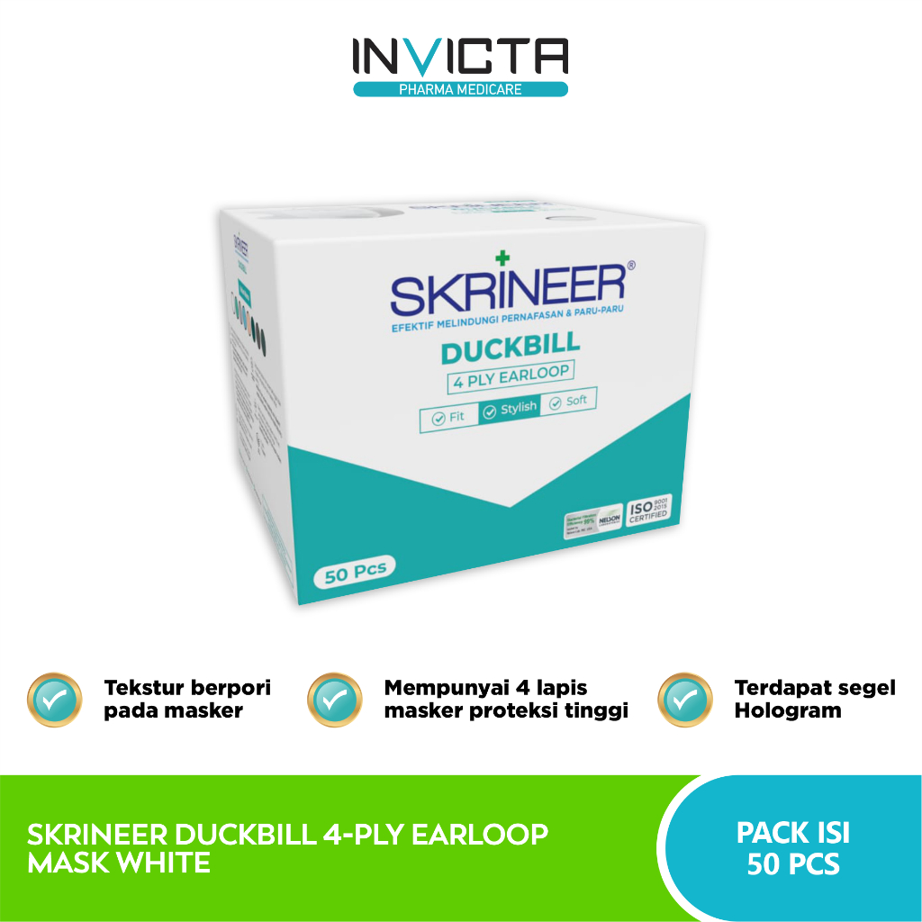 Skrineer Duckbill 4-Ply Masker duckbill 4 ply earloop putih isi 50 lembar