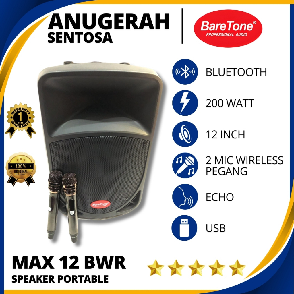 Speaker Aktif Portable Wireless Bluetooth Baretone 12 BWR Ukuran 12 Inch Original