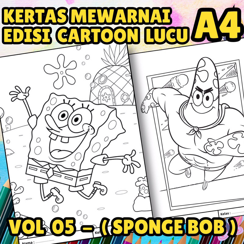 

MEDIA KERTAS KREATIFITAS MEWARNAI ANAK A4 DENGAN PRINT CETAK BUKAN COPY - MEDIA WARNA KARACTER KARTUN LUCU - CARTOON SPONGE BOB