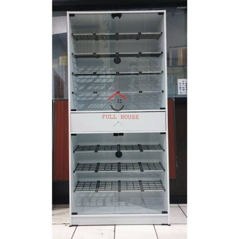 rak sepatu lemari sepatu kaca 7 sap dengan laci putih termurah