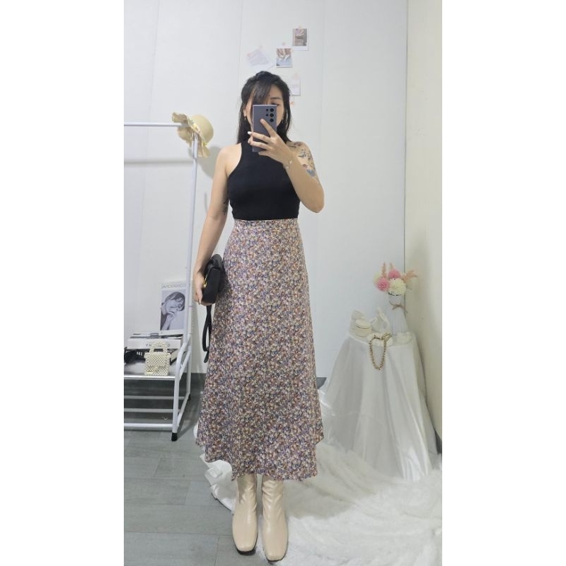 Cherry _ Rok Panjang Wanita Motif Bunga| Long Skirt Cewe Korea | Rok Wanita Terbaru Skirt A Line