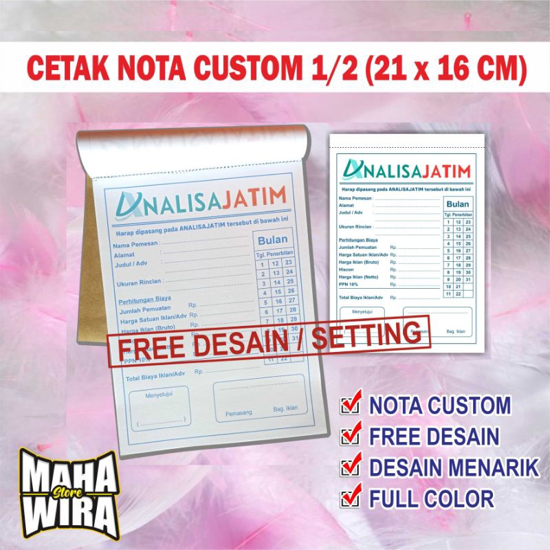 

NOTA ECERAN CUSTOM 1/2 Folio 21x16 cm Free Desain Full Warna 1-3 Ply