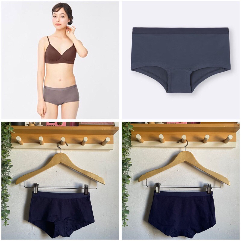 Size M - Uniqlo Dark Blue Cotton Seamless High Rise Boyshort Panty Panties Celana Short { Sisa Impor