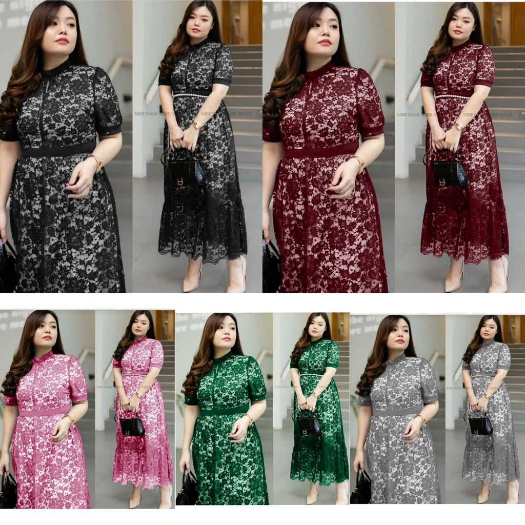 Dress Wanita Jumbo Brokat Size Besar Pakaian Wanita Casual Dress Midi Brokat Gaun Pesta Kondangan Uk
