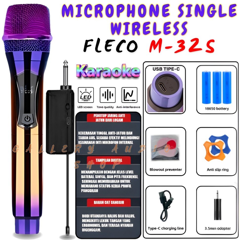 Microphone Karaoke FLECO M-32S Profesional ( 1 Mic Wireless ) | Mic Profesional Tanpa Kabel Fleco M-