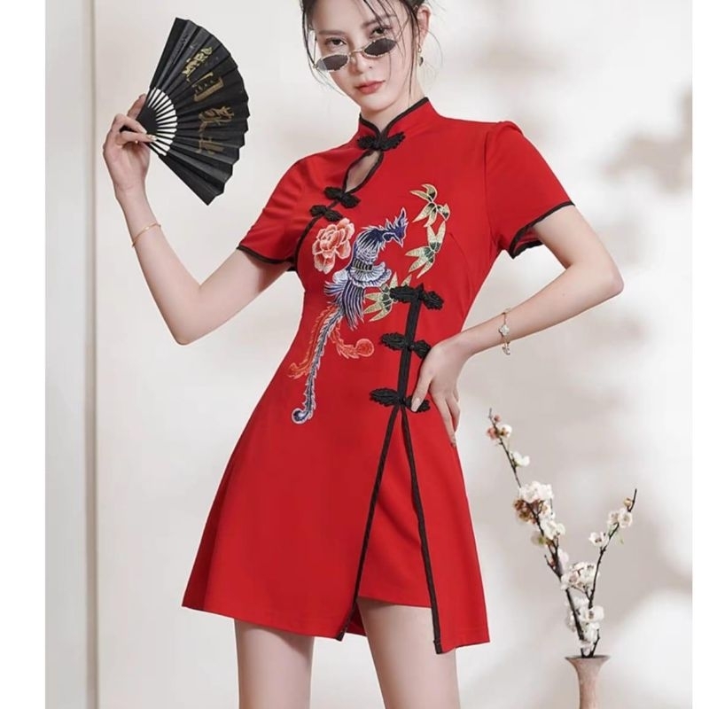 0540 Baju minidresss set celana pendek YUMING EMBROIDERED CHEONGSAM 2PCS CNY IMLEK merah hitam Chine