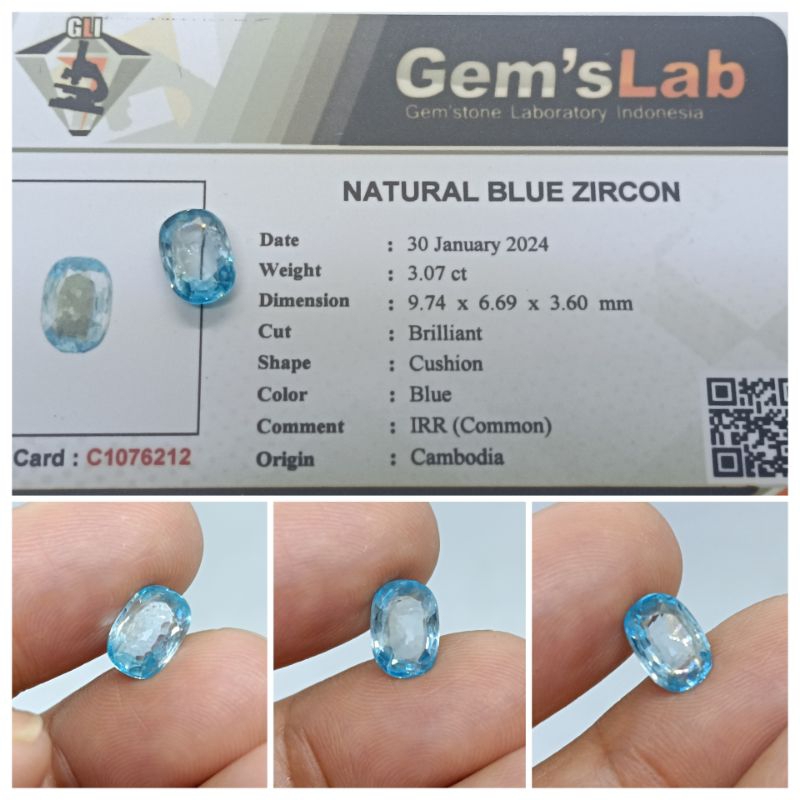 Natural Blue Zircon Cambodia 3 ct Top Luster memo GLI